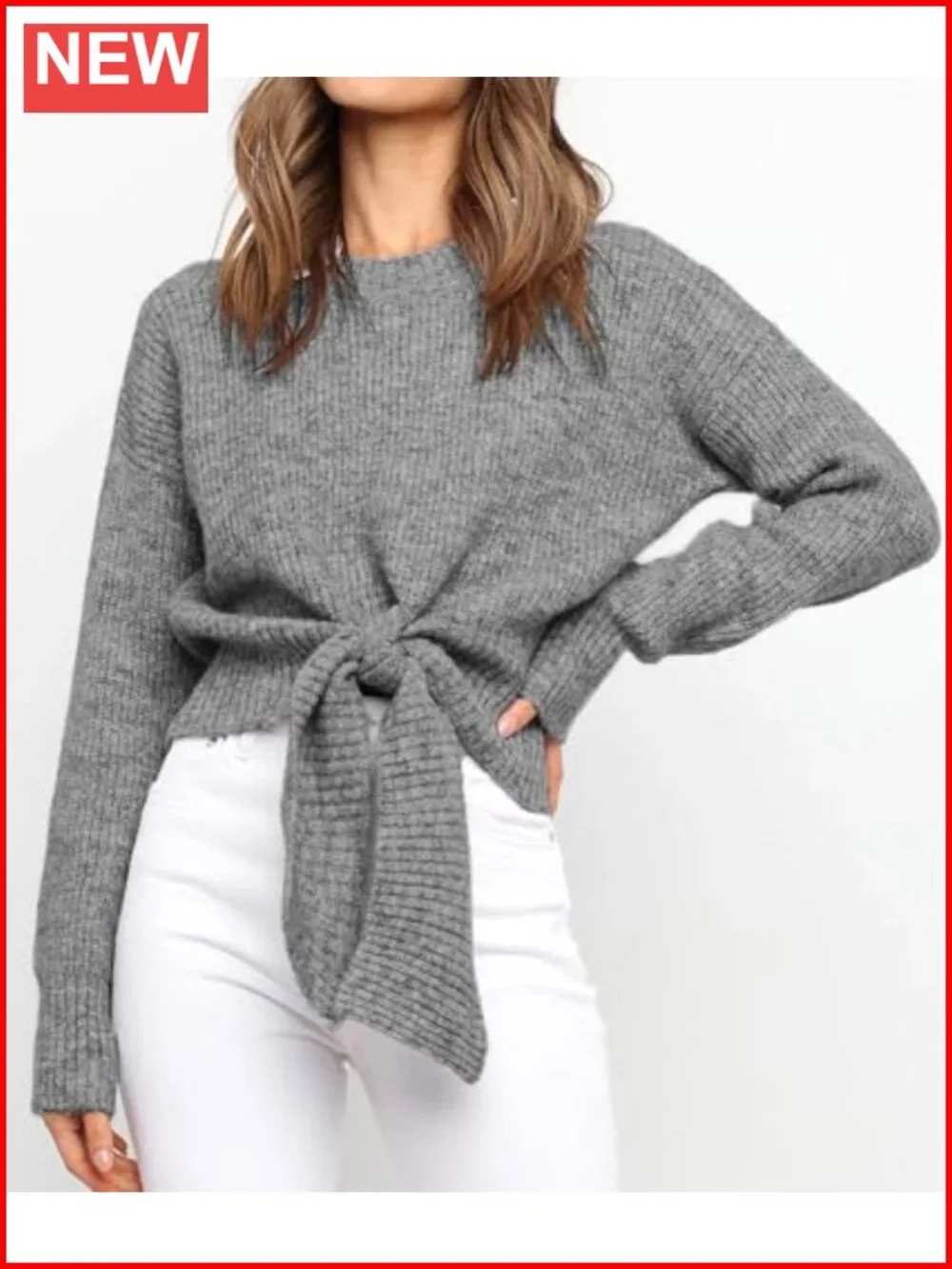 Women's Cable Knit Cropped Sweater Long Sleeve Tie Front Pullover
